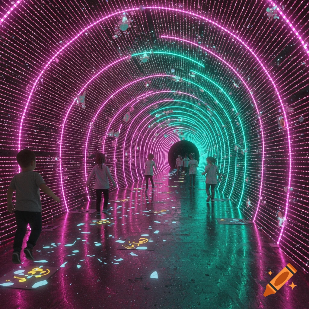 Children walk through a vibrant neon tunnel with pink and green LED lights and glowing floor patterns, part of a musical art installation.
