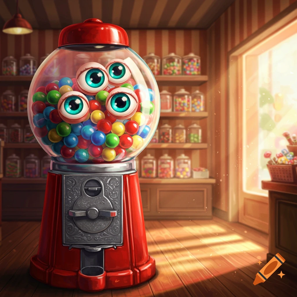 A whimsical red gumball machine filled with colorful gumballs and several large, realistic eyeballs, set inside a candy store.