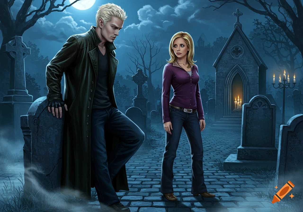 A digital illustration of a blonde man leaning on a tombstone and a blonde woman standing nearby in a misty cemetery at night under a full moon.