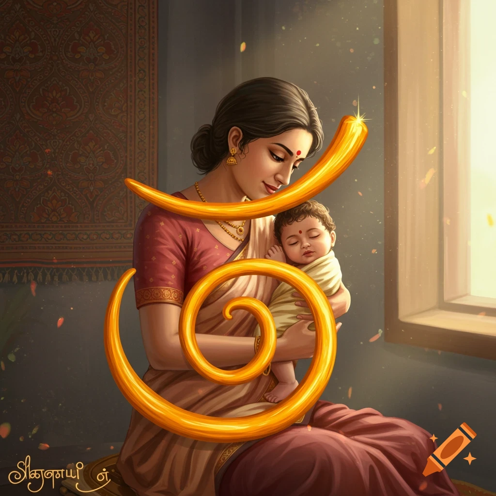 An illustrative image of an Indian mother holding a sleeping swaddled baby, with a large golden Tamil character 'அ' curving around them. The mother wears a saree, and a patterned tapestry hangs in the background.
