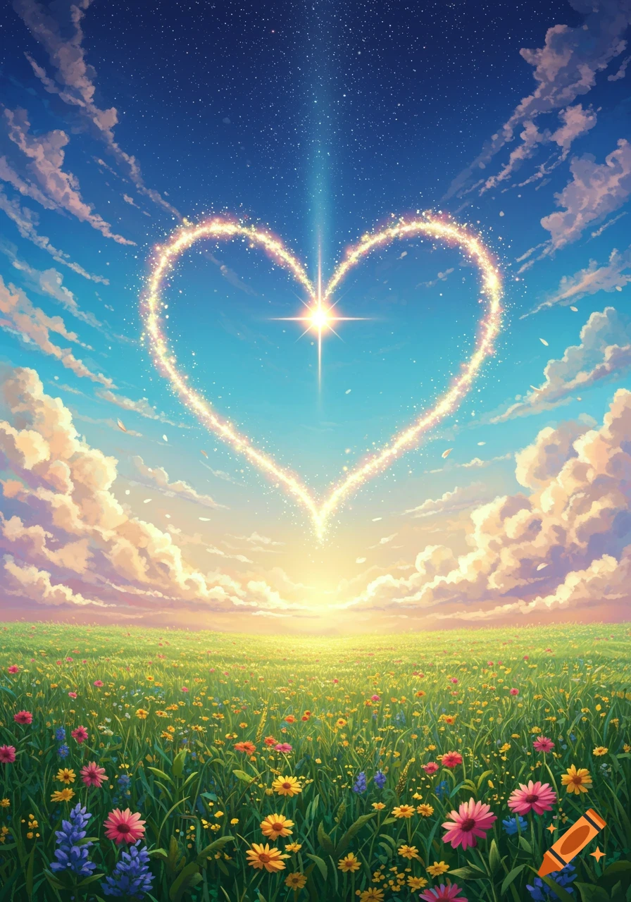 A vibrant landscape with a glowing heart shape in the sky over a field of colorful flowers under a bright blue sky.
