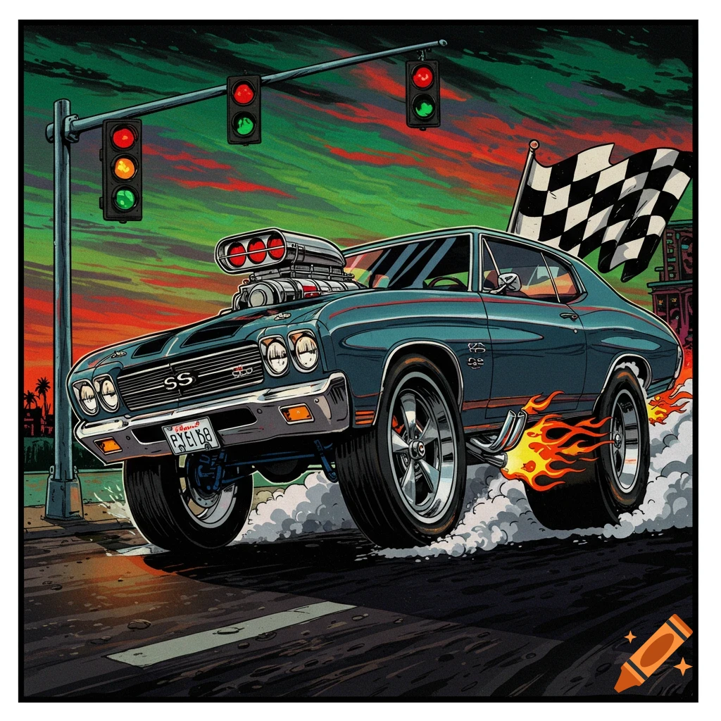 A lowbrow art illustration of a blue classic Chevelle SS hot rod with flames and smoke taking off from a stoplight, with a checkered flag in the background.