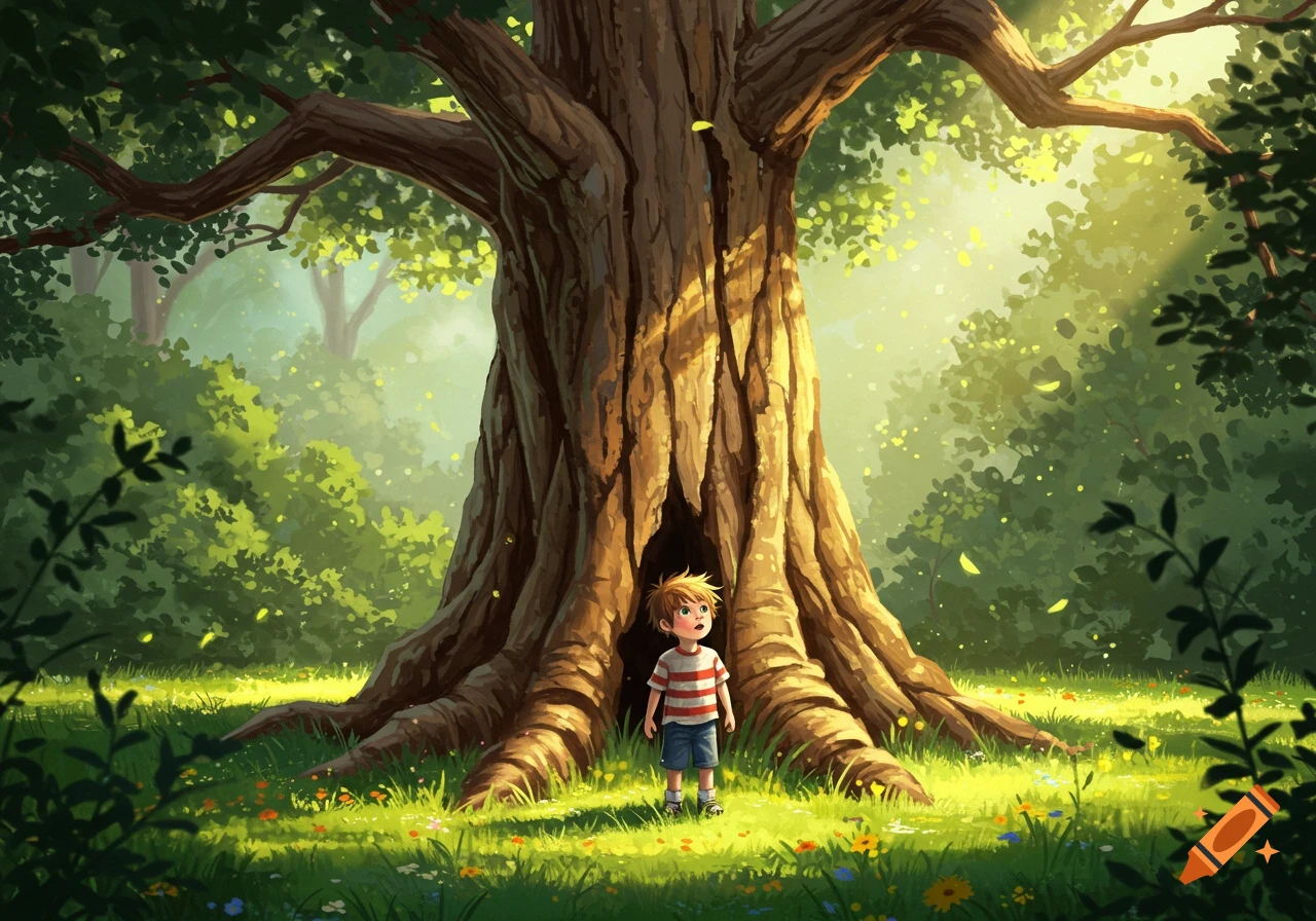A young boy stands in front of a massive, ancient tree in a sun-dappled forest clearing with wildflowers.