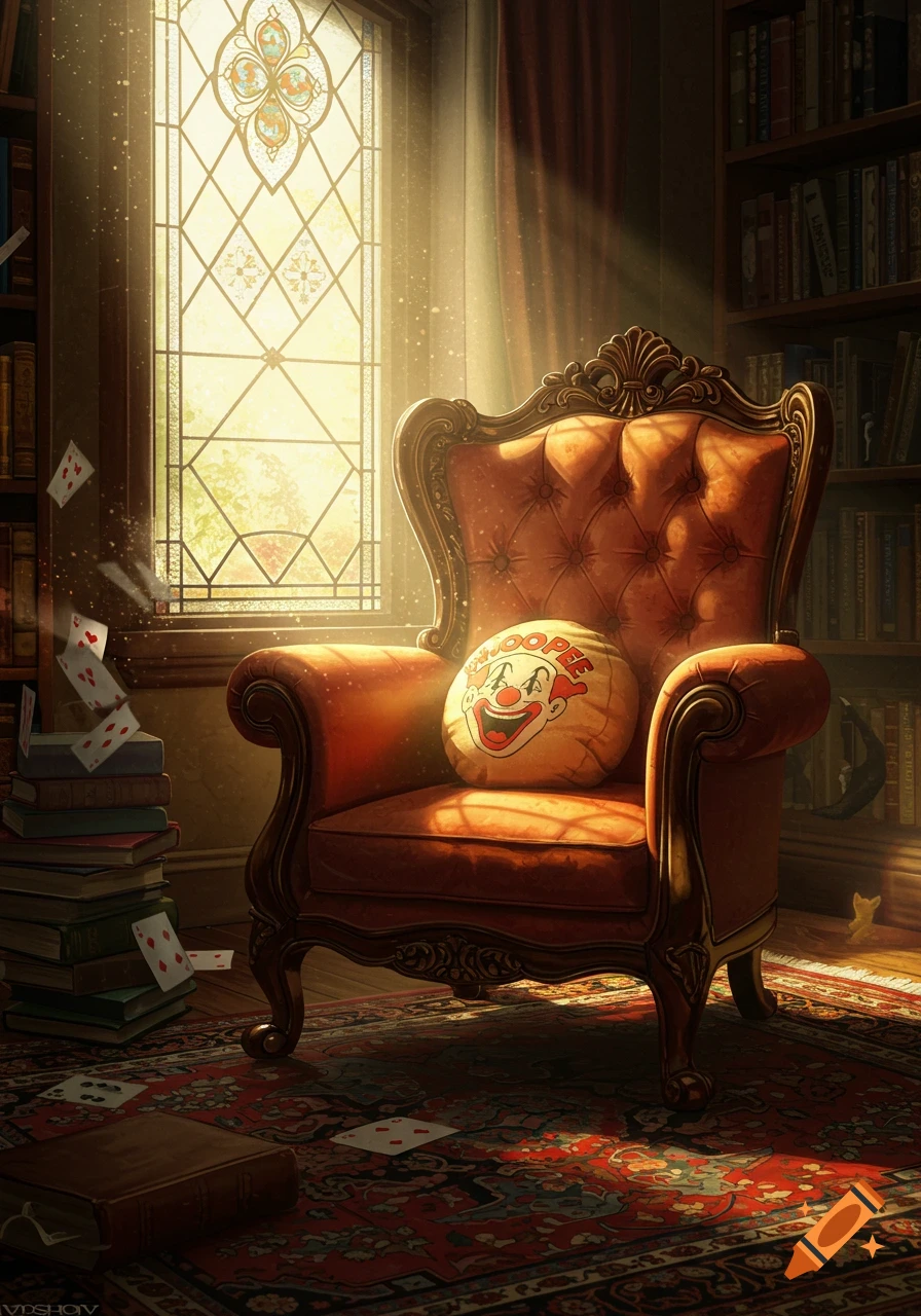 A sunlit, ornate room with a red armchair, stacks of books, floating playing cards, and a clown cushion.