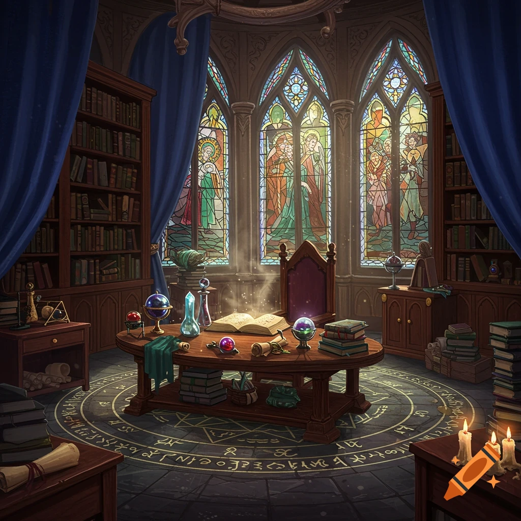 A detailed illustration of a mythical wizard's study, featuring a large wooden table with open books, potions, and globes. Stained-glass windows illuminate the room, and bookshelves line the walls, all set on a floor adorned with arcane symbols.