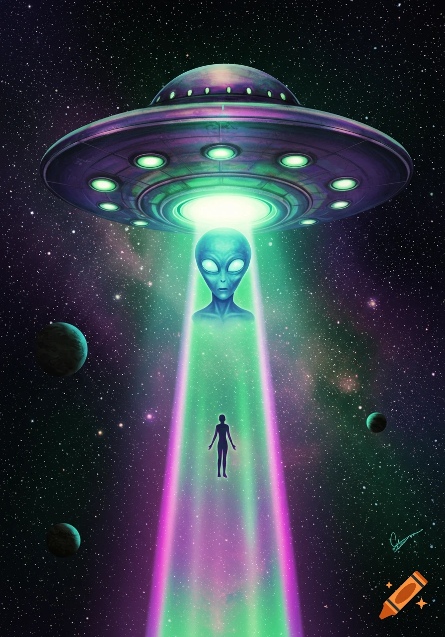 A purple and green UFO beams a human figure into starry space, with a large alien head visible in the beam.