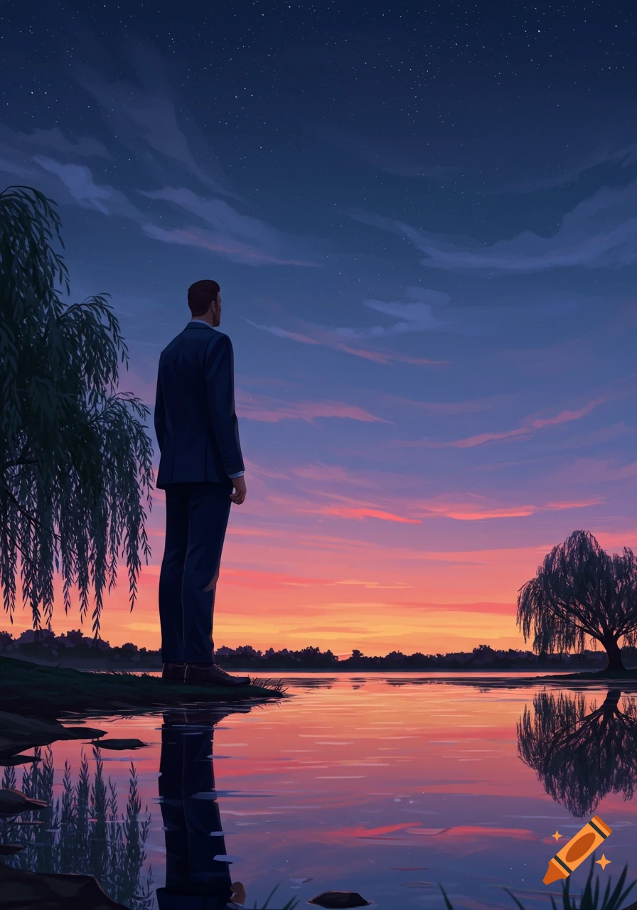 A man in a suit stands by a lake, gazing at a vibrant sunset over the water and distant trees, in a stylized illustration.