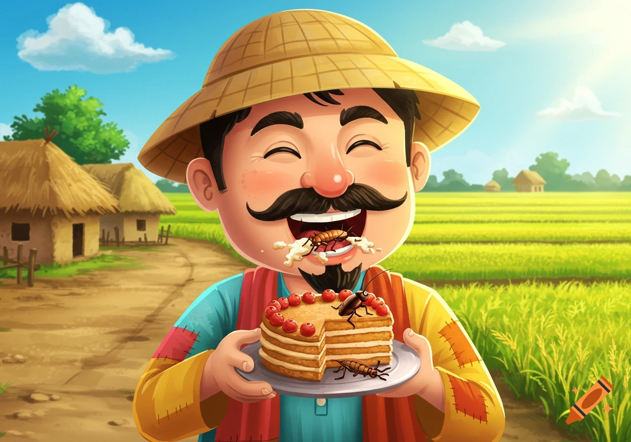 A cartoon Bengali farmer happily eats cake with cockroaches in a sunny rural village with mud houses and green fields.