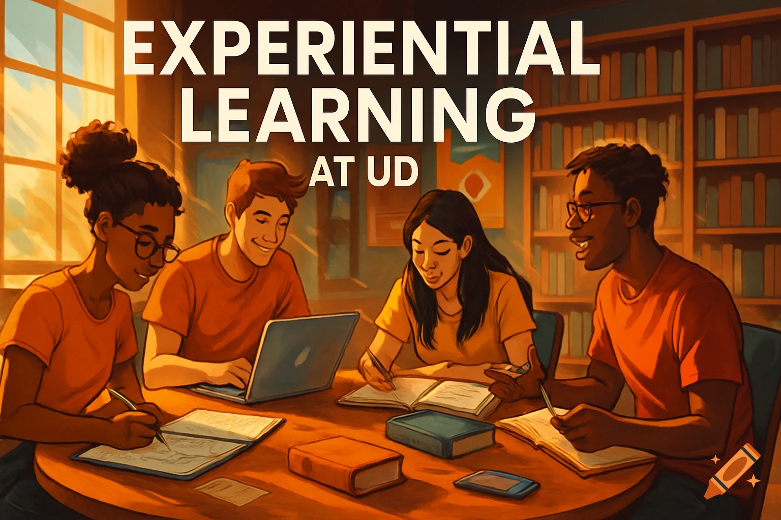 Four diverse college students study at a table in a sunlit library. Text: 'EXPERIENTIAL LEARNING AT UD'. Illustrated style.