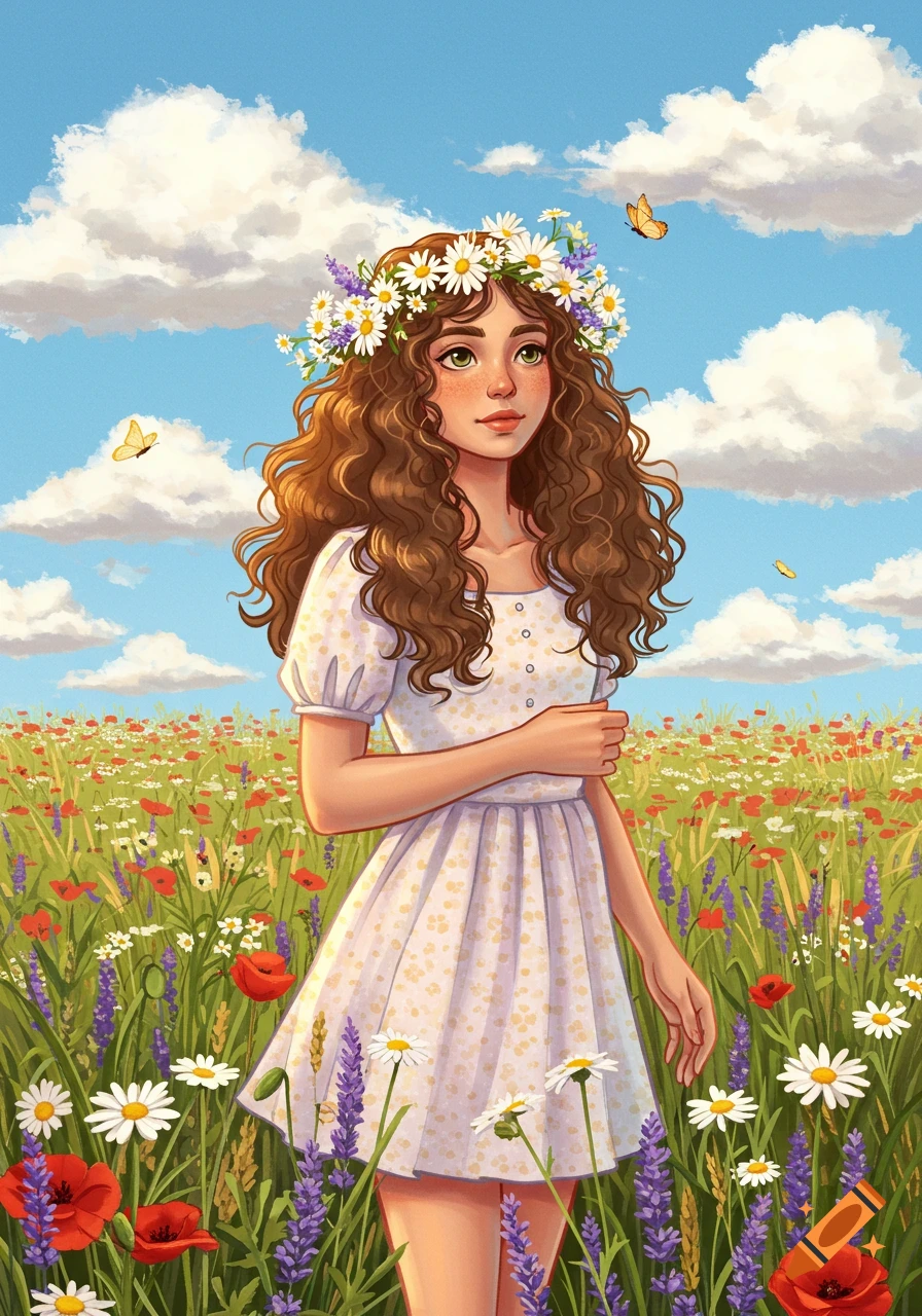 Illustrated dreamy girl with curly hair and a flower crown in a vibrant field of flowers under a blue sky.
