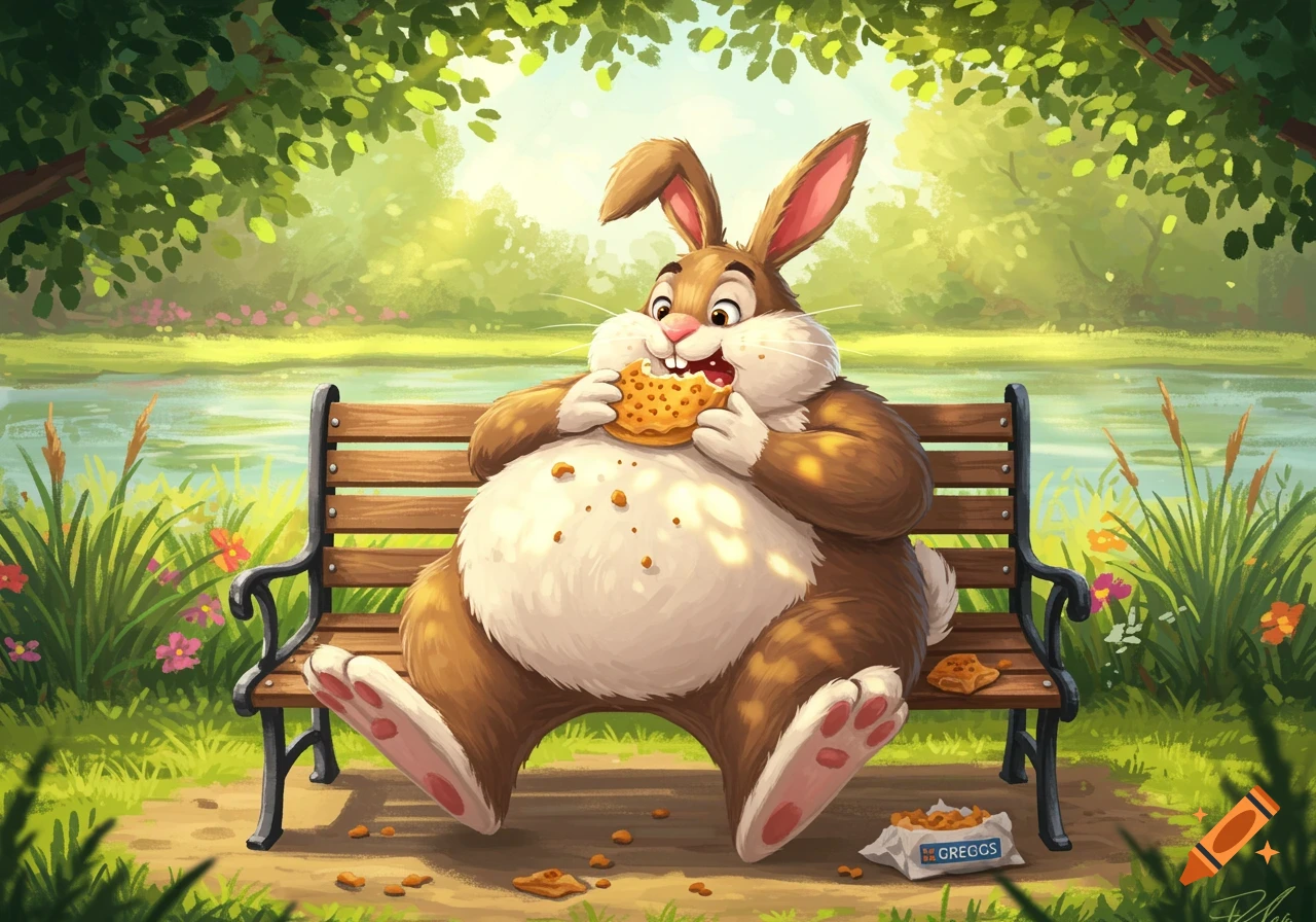 A chubby cartoon rabbit sits on a park bench, happily eating a large pastry, with a "GREGGS" bag beside it.