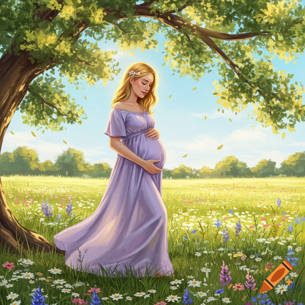 An illustrated pregnant woman in a flowing lavender dress stands under a tree in a sunny field of wildflowers.