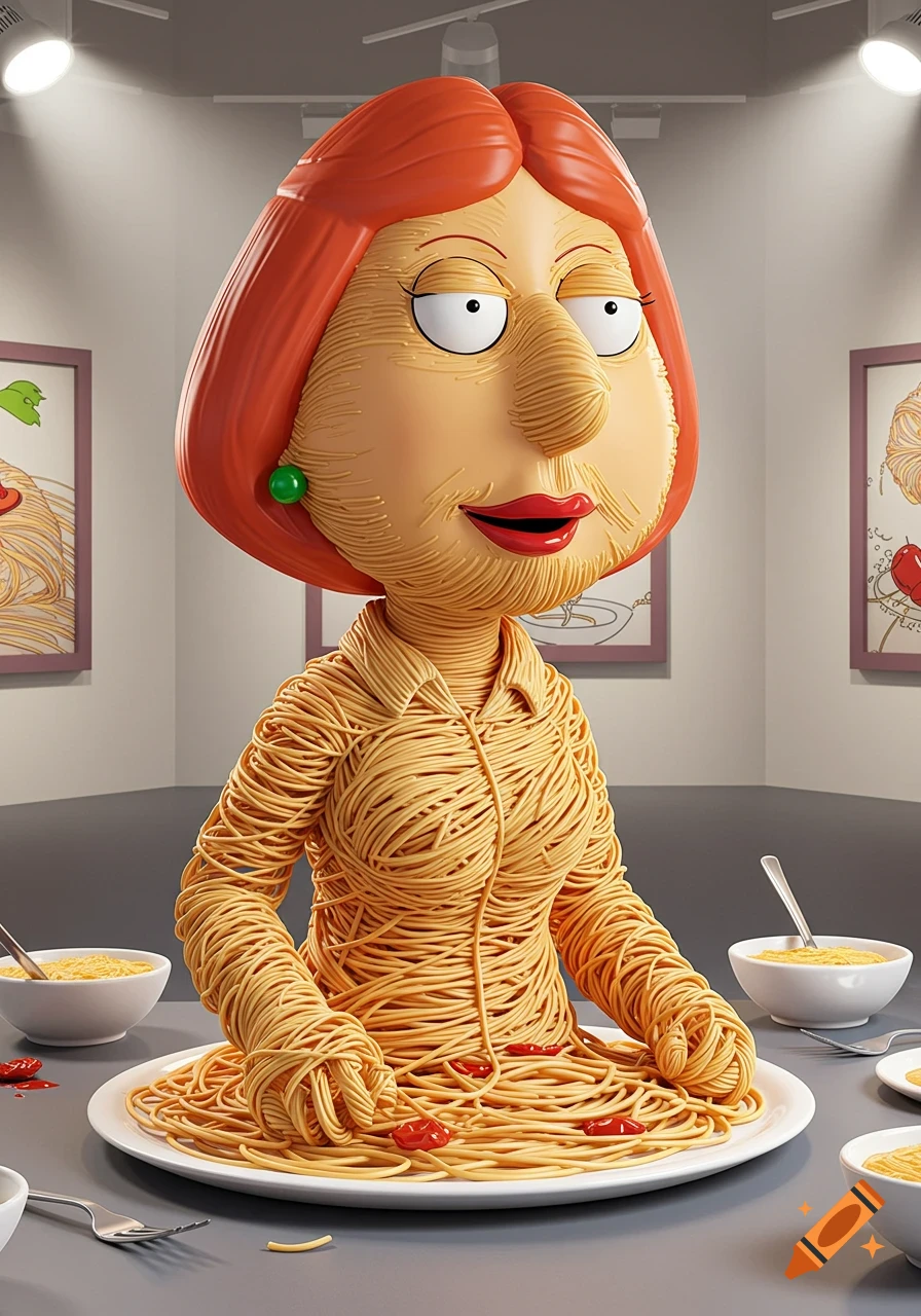 A 3D rendering of Lois Griffin, a cartoon character, made from spaghetti noodles, sitting at a table with plates of pasta.