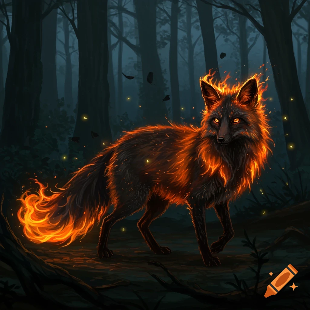 A dark fox with glowing orange and red fire covering its body and tail walks through a mystical, dark forest at night.