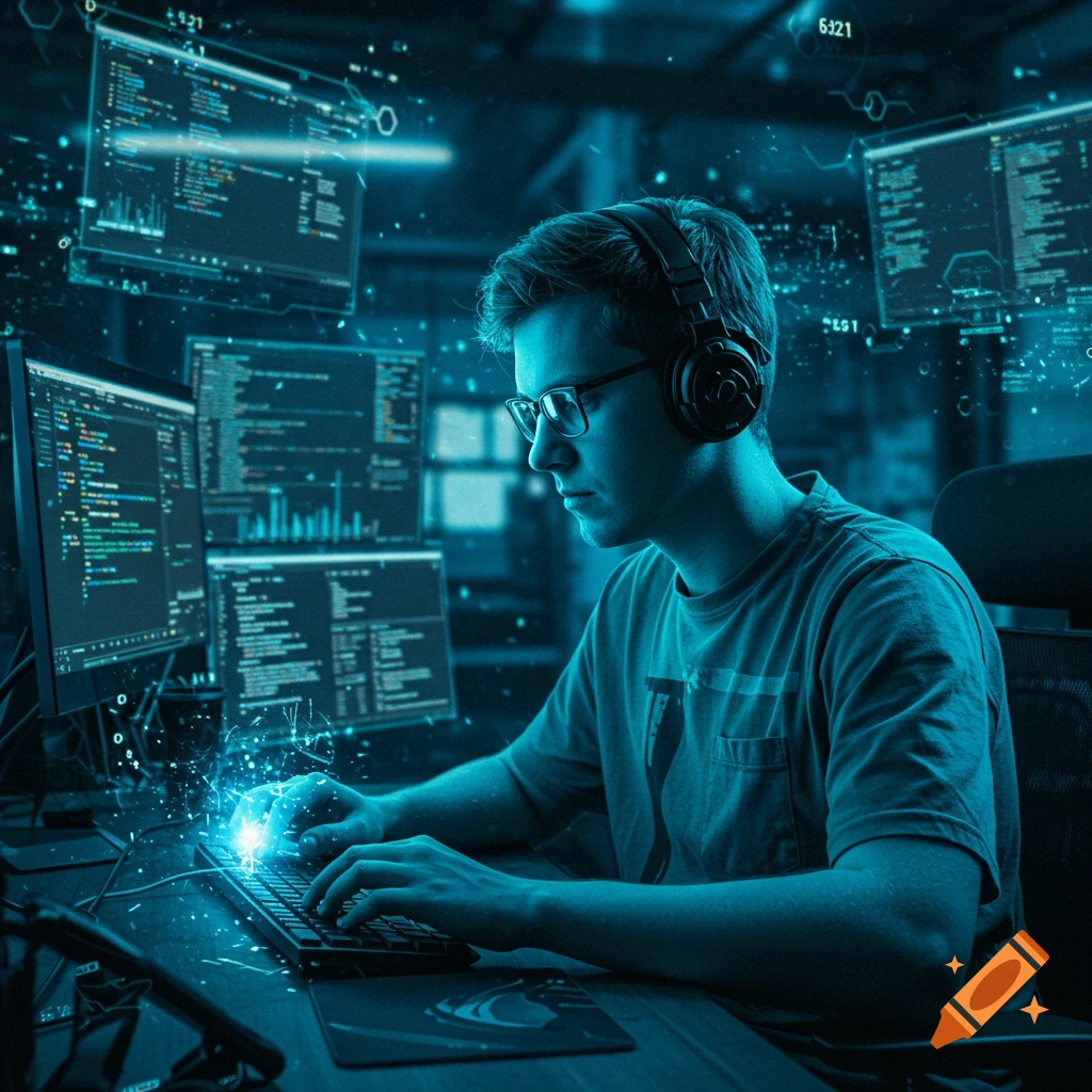 Young man in headphones typing on a keyboard, surrounded by blue glowing computer screens displaying code in a futuristic setting.