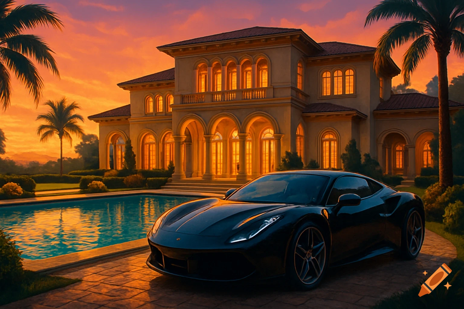 A sleek black sports car parked outside a luxurious mansion with a pool at sunset, under a vibrant orange sky.