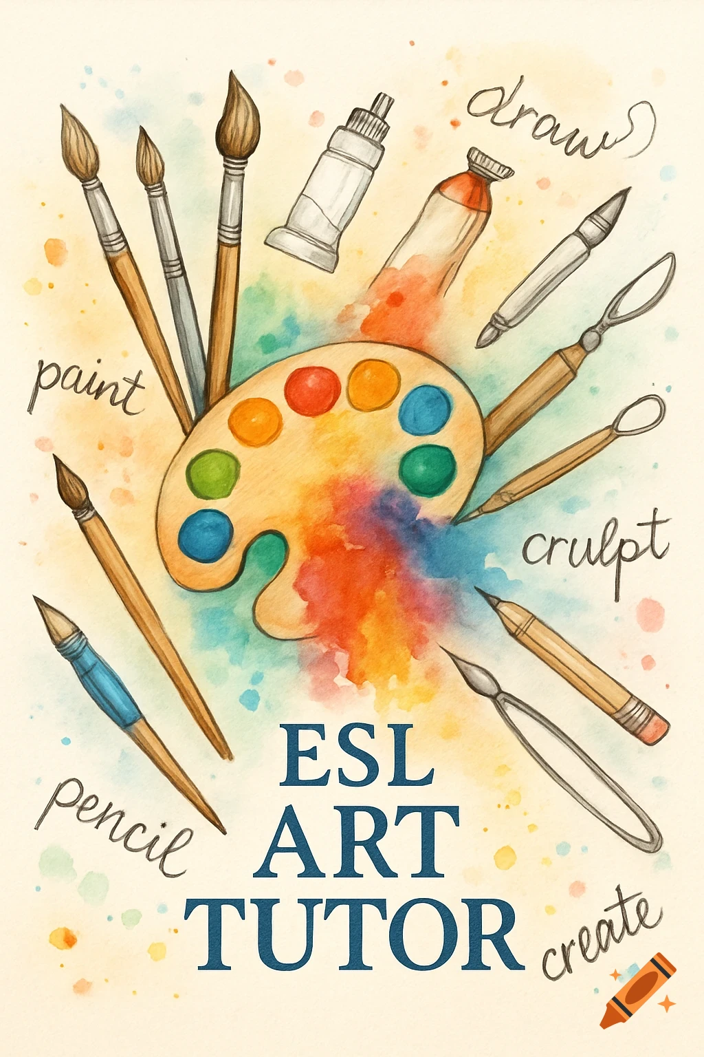 A watercolor illustration featuring an artist's palette with colorful paints surrounded by paintbrushes, tubes, pencils, and sculpting tools, with text that reads "ESL ART TUTOR" and other art-related words.