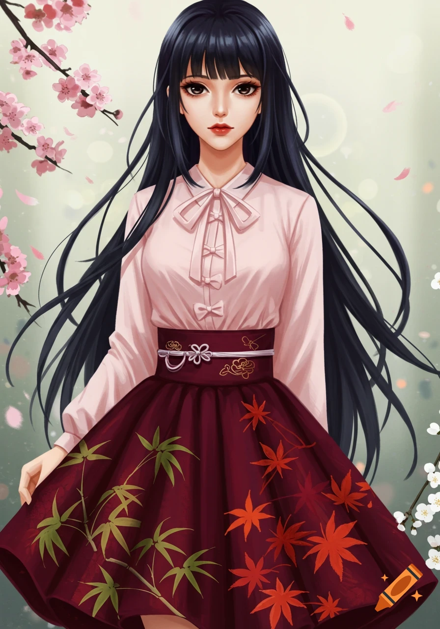 An anime girl with long black hair, wearing a pink shirt and a burgundy skirt decorated with bamboo and maple leaves, with cherry blossoms in the background.