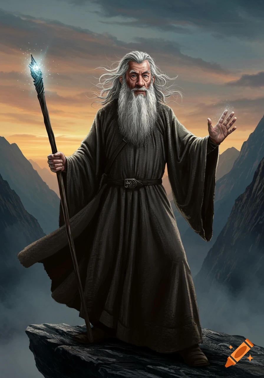 An old wizard with a long white beard and gray robes stands on a mountain peak, holding a glowing staff against a sunset sky.