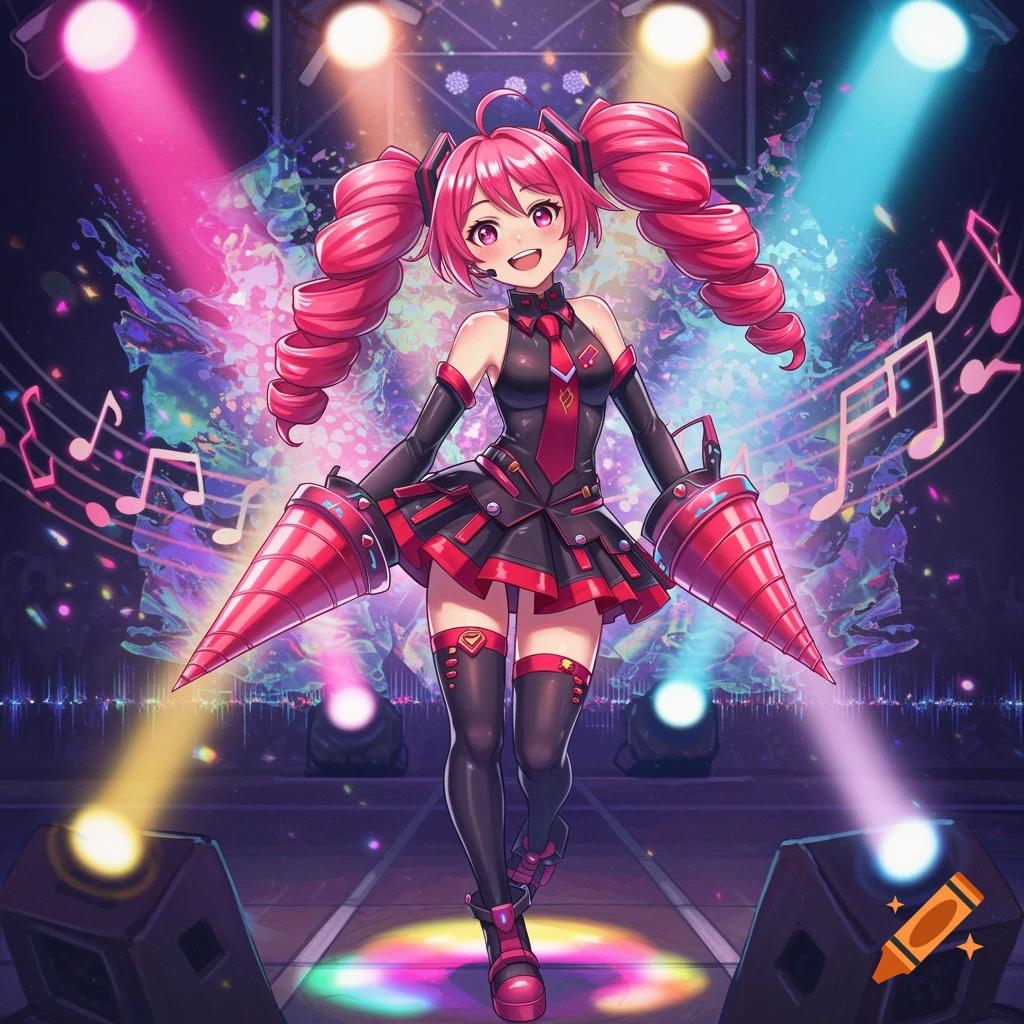 An anime girl with pink pigtails and a black and red stage outfit smiles on a vibrant stage with spotlights and musical notes.