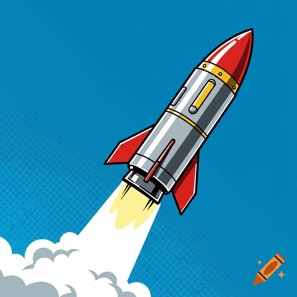 A cartoon rocket with red fins and nose cone, and a silver body, launching upwards with a bright yellow flame and white smoke against a blue sky with halftone dots, in a pop art style.