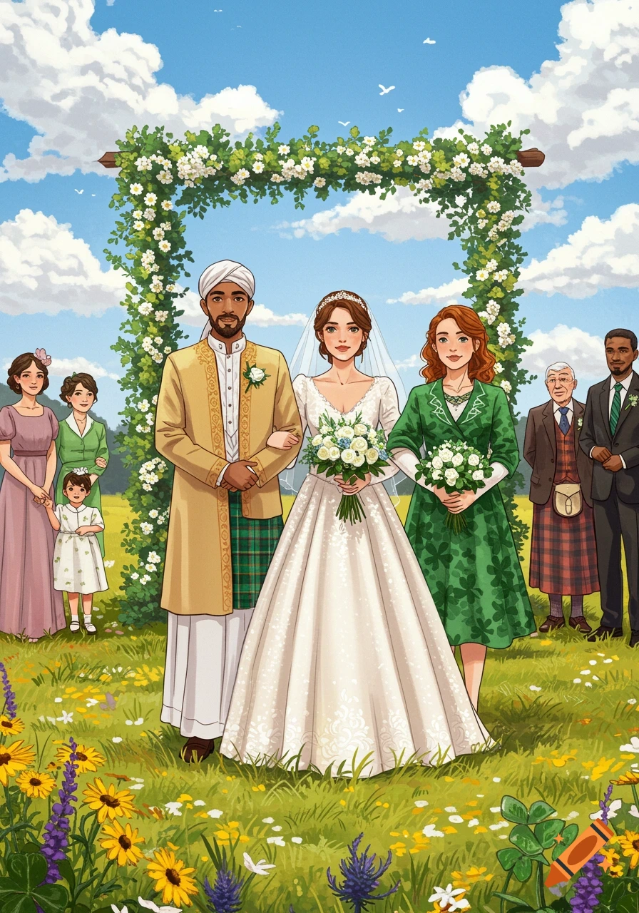 Illustrated wedding scene: A Muslim groom and bride stand under a floral arch in a vibrant field, surrounded by guests.