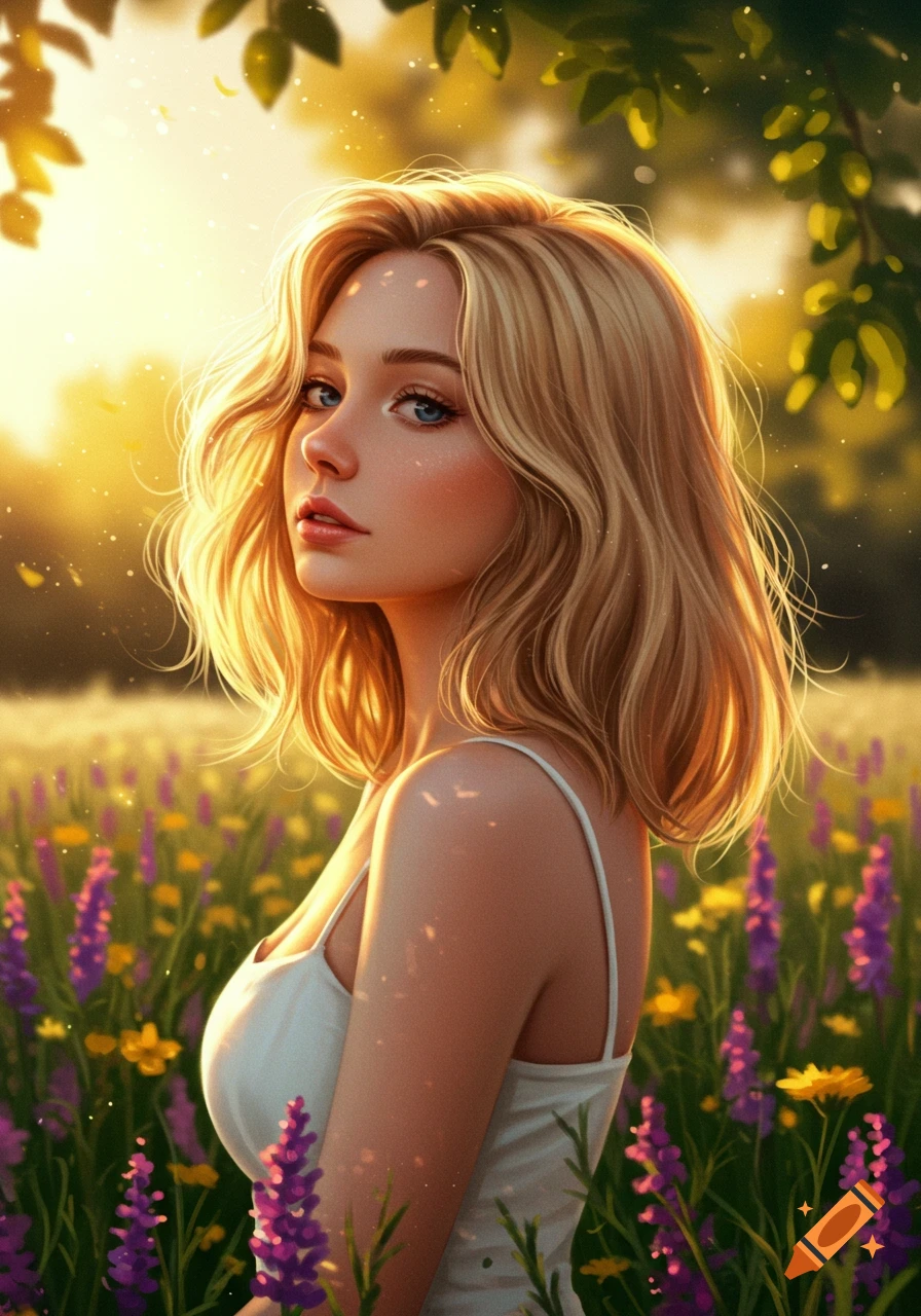 A young blonde woman in a white top looking over her shoulder in a sunlit field of purple and yellow flowers.