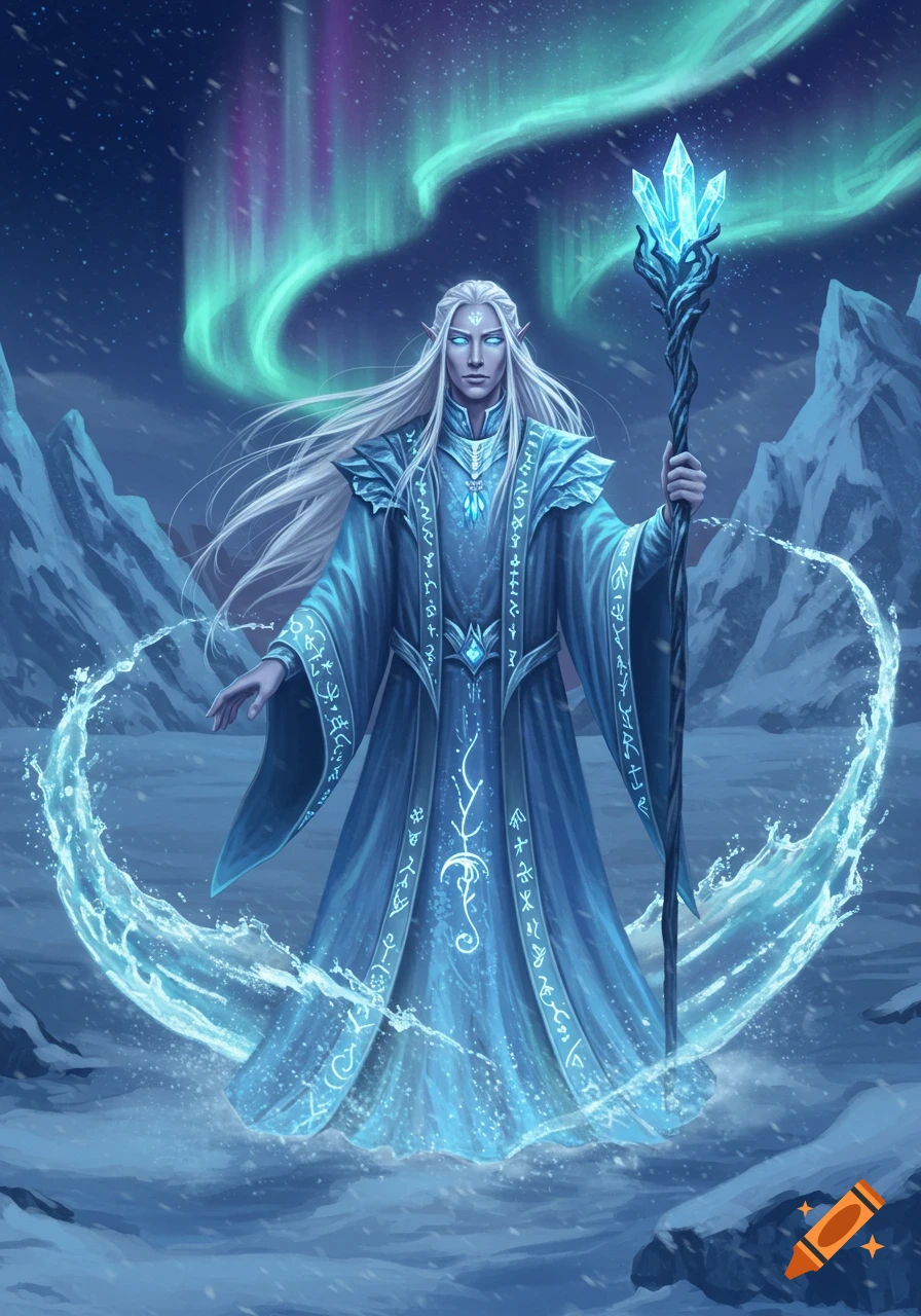 Regal elf wizard with long white hair, blue eyes, and crystal staff, in a snowy Arctic landscape under aurora borealis.