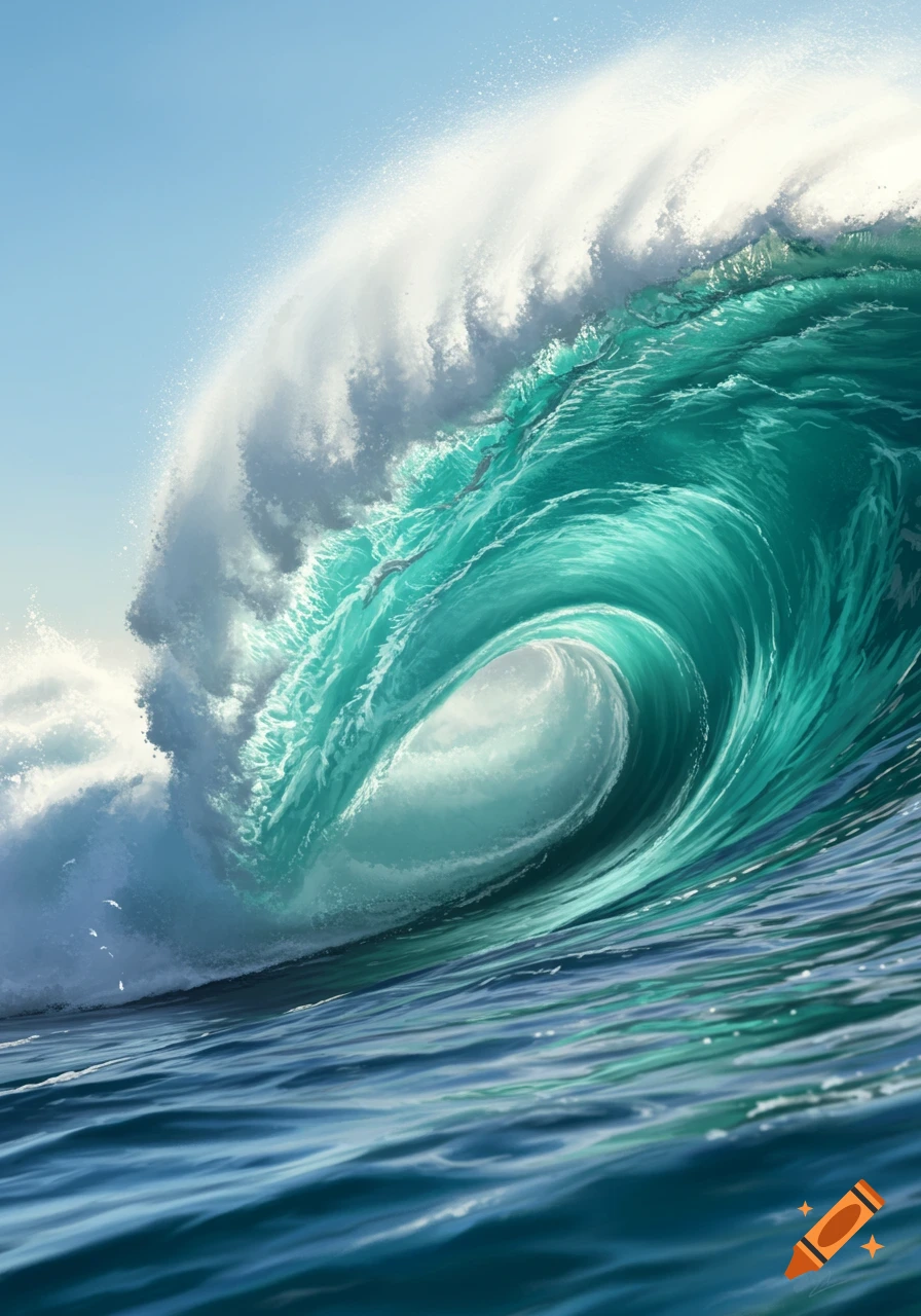 A large, powerful turquoise ocean wave curling with white foam against a bright blue sky.