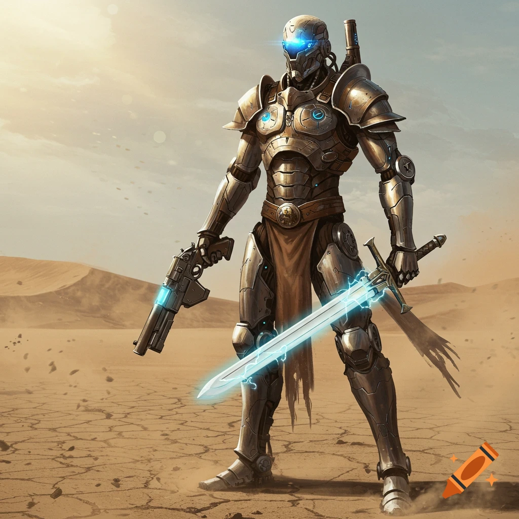 A sci-fi cyborg knight in metallic armor stands in a desert holding a glowing energy sword and a futuristic gun.