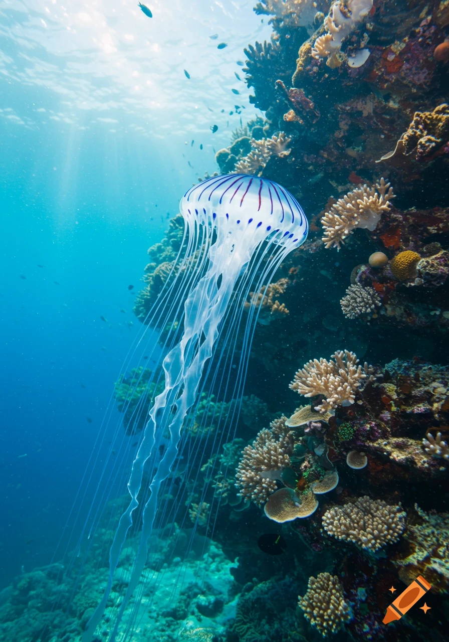 A blue and white jellyfish with long tentacles swims gracefully beside a vibrant coral reef in clear blue ocean water.