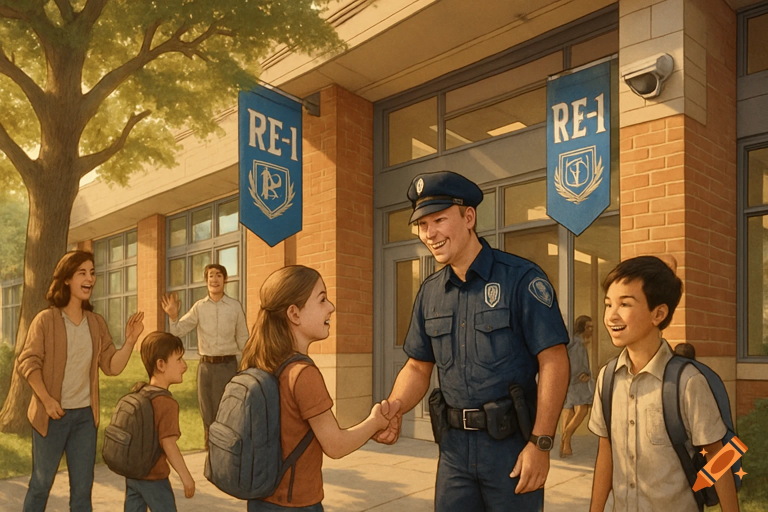 A smiling police officer shakes hands with a schoolgirl outside a school building, with other students and adults nearby. Banners on the school read 'RE-1'.