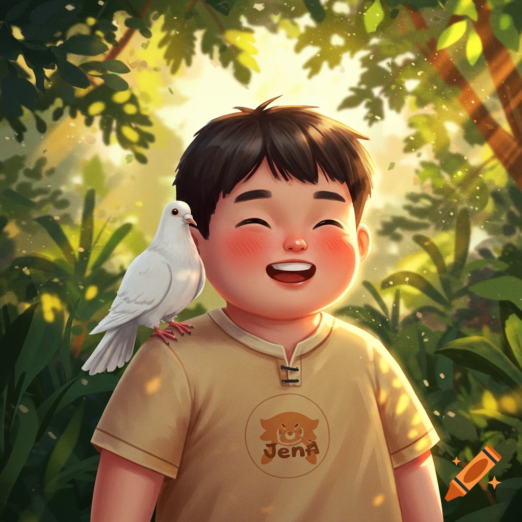 A cute illustration of a smiling boy with a white pigeon on his shoulder in a sunny forest.