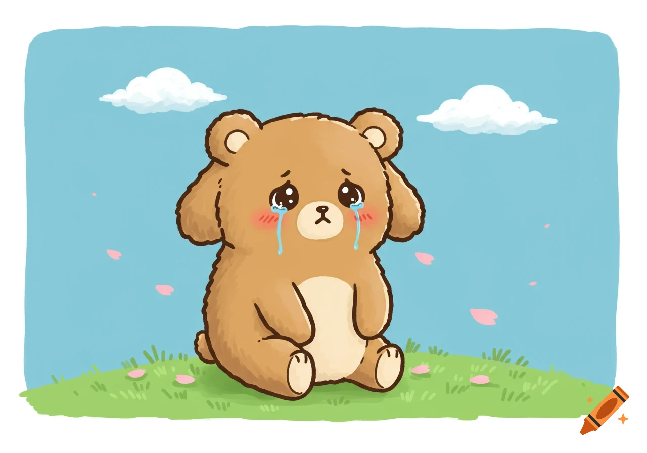 A cute brown cartoon bear sits on grass under a blue sky, crying with tears and red cheeks, with a few pink petals scattered around.