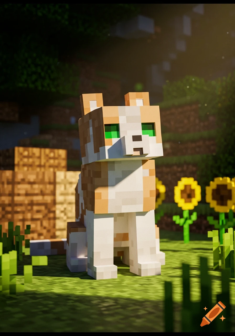 A blocky, orange and white Minecraft-style cat with green eyes sits in a grassy field with sunflowers and trees.