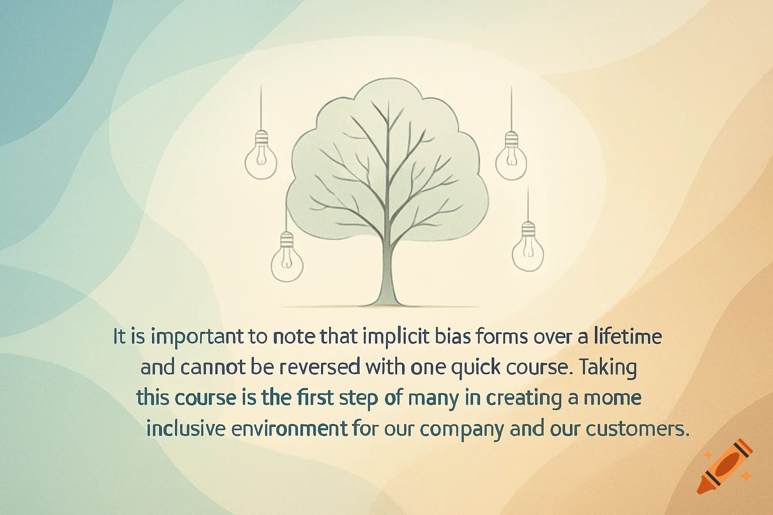 Illustration of a tree with hanging lightbulbs on a soft gradient background, with text about implicit bias and inclusion.