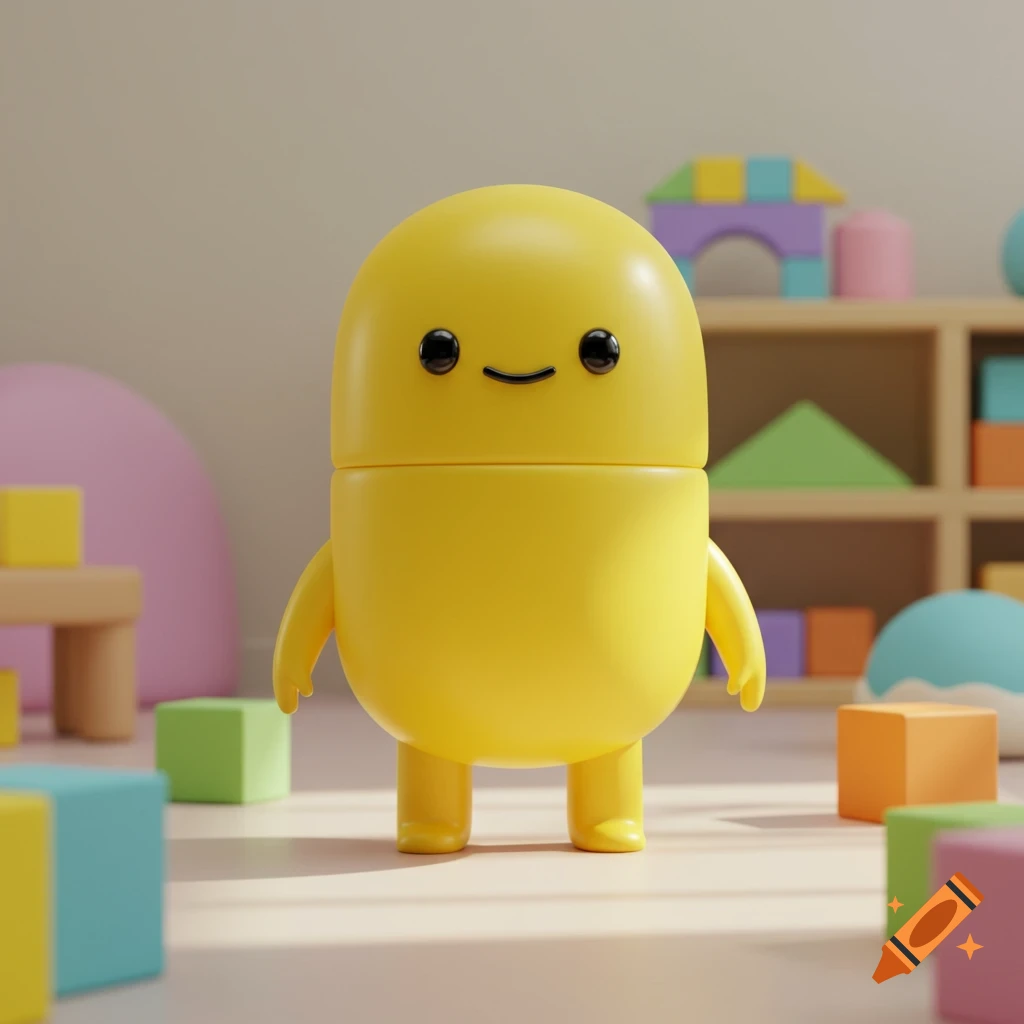 A bright yellow, pill-shaped cartoon character with black eyes and a smile stands in a pastel-colored playroom filled with colorful building blocks and rounded furniture.