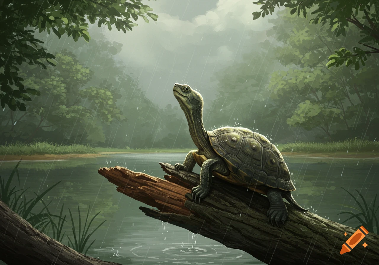 A turtle with a long neck sits on a broken log in a forest, looking up into the falling rain above a creek.