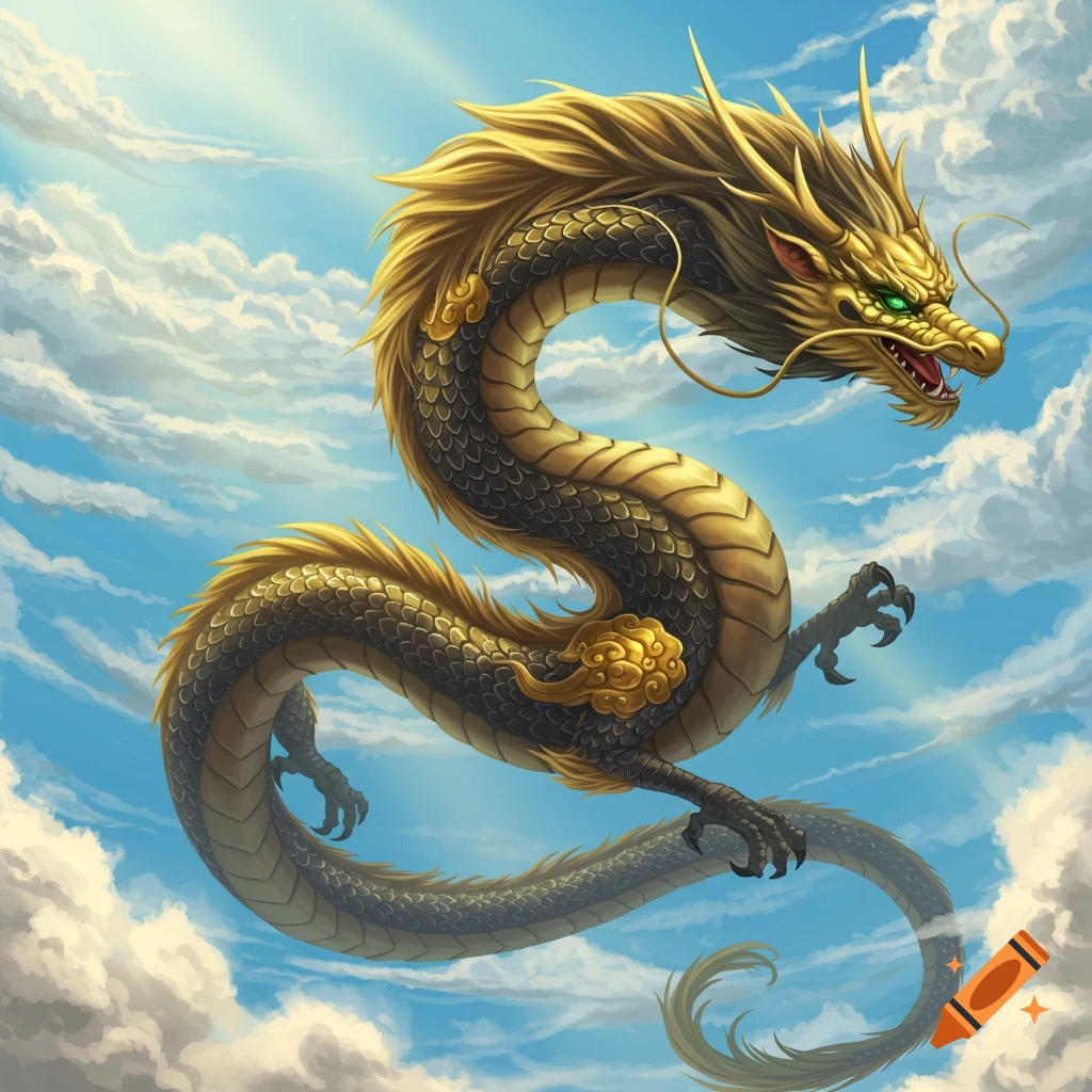 A majestic gold and black Chinese celestial dragon with jade green eyes flies gracefully through a blue sky filled with white clouds, in an anime art style.