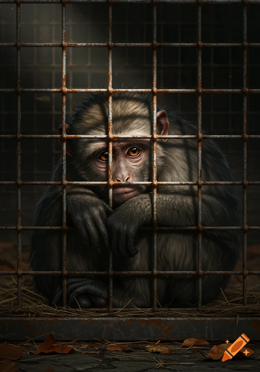 Sad monkey sitting inside a rusty cage, looking through the bars with melancholic eyes. Photorealistic style.