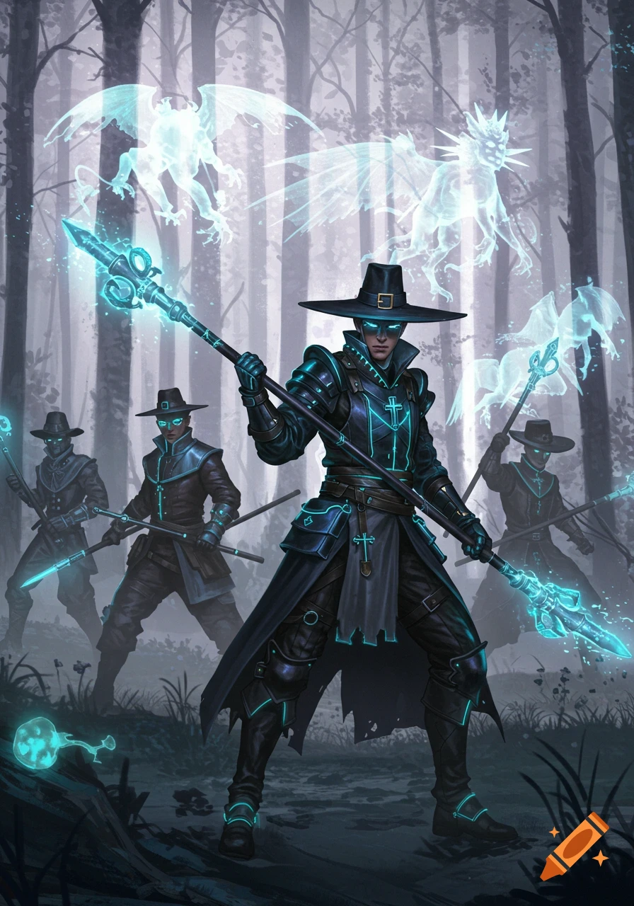 Fantasy characters in dark armor with glowing blue details and hats, wielding glowing staves in a dark forest, with ethereal winged creatures floating above.