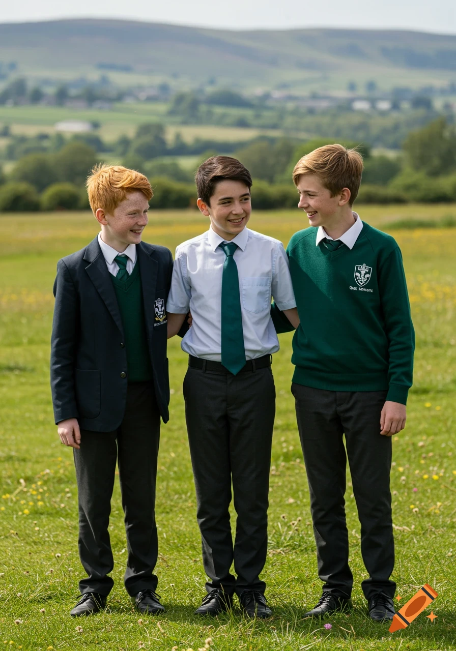 Three boys in school uniforms standing in a field with hills in the background, looking at each other and smiling. Photorealistic.