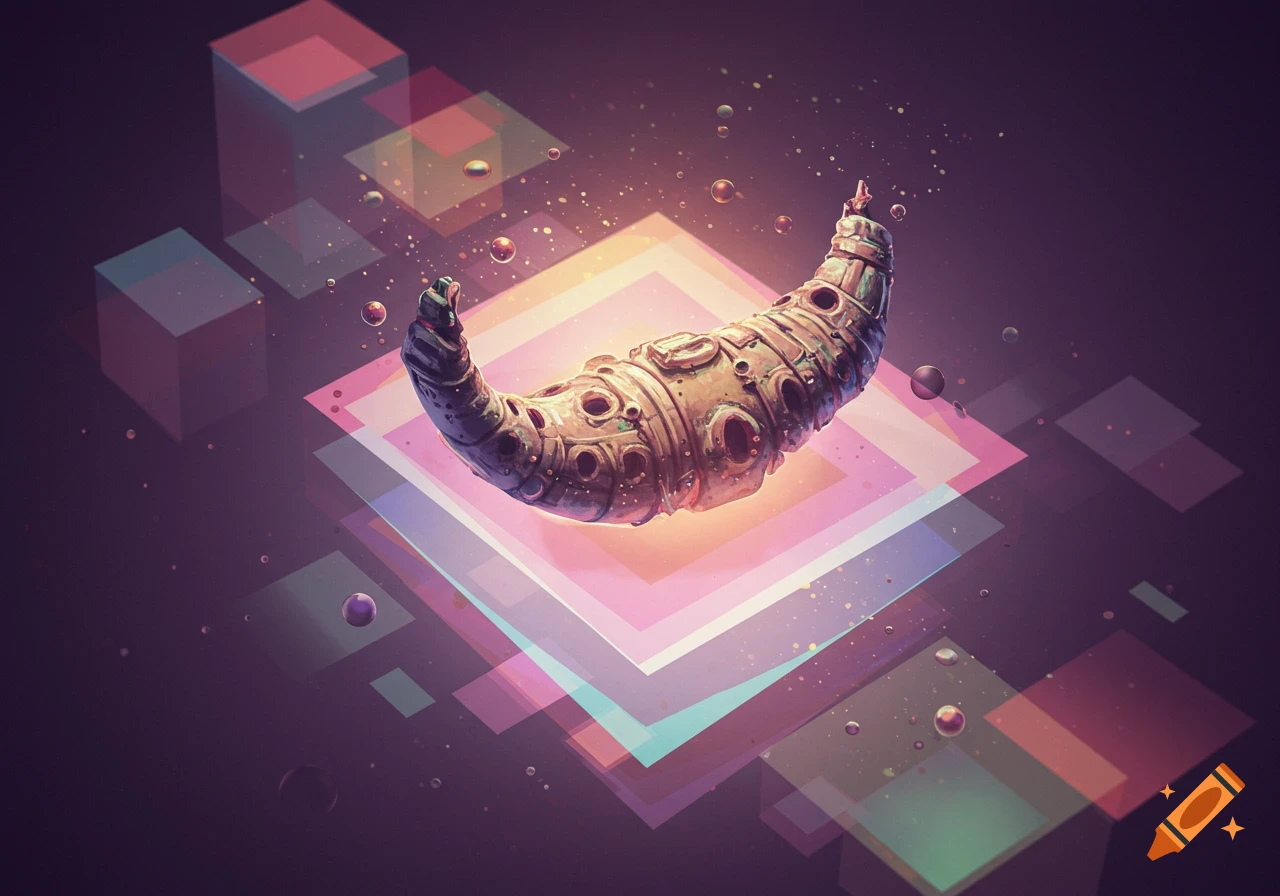 Metallic, horn-like object floats over glowing pink and blue geometric planes with small bubbles in a futuristic, abstract digital art style.