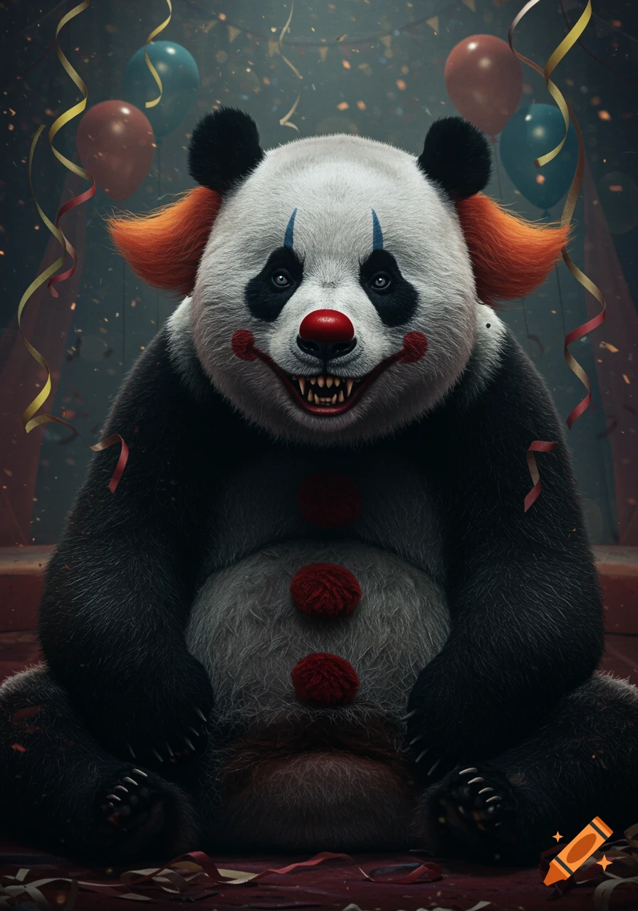 A realistic panda dressed as a demonic clown with sharp teeth and blue eye makeup sits in a horror circus with balloons and streamers.