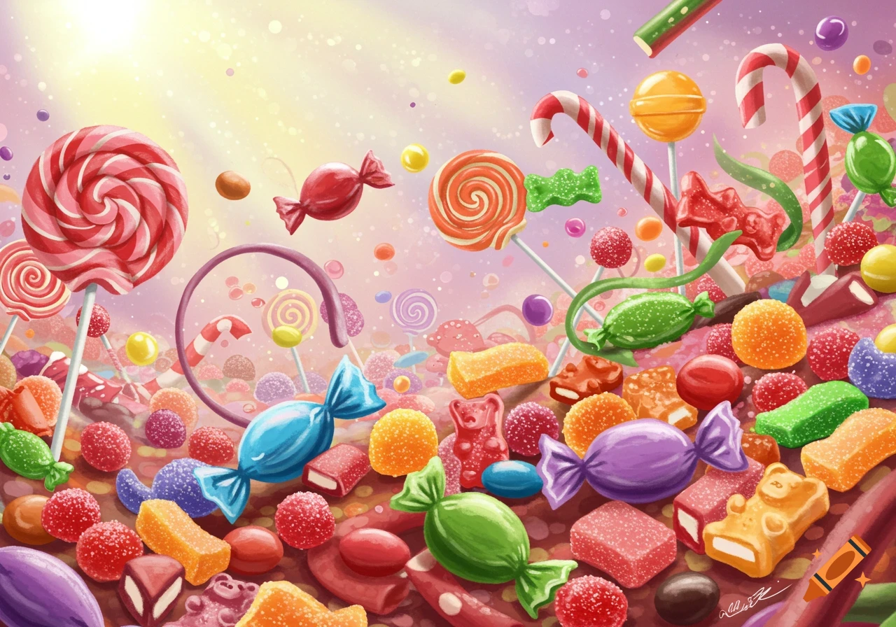 A colorful illustration of various candies and sweets, including lollipops, wrapped candies, gummies, and jelly beans, in a sugary landscape with a bright sky.