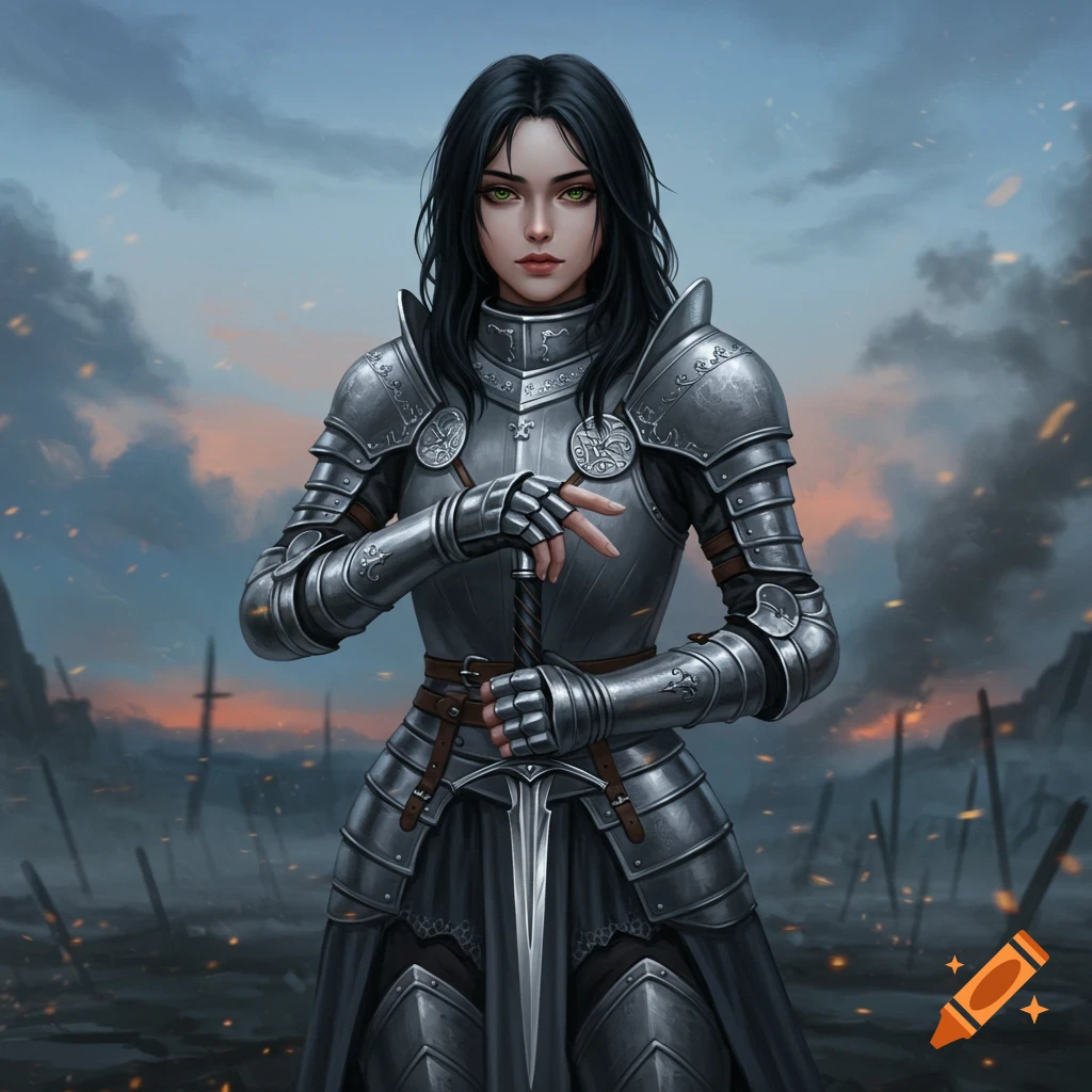 A female knight with black hair and green eyes in full silver armor holds a sword on a battlefield at sunset. Digital art.