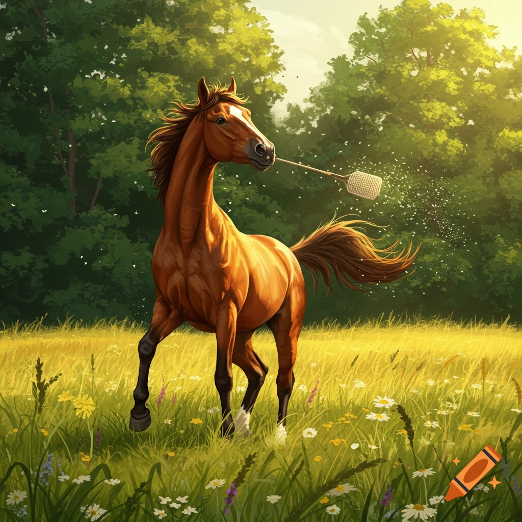A brown horse holds a fly swatter in its mouth in a sunlit grassy field.