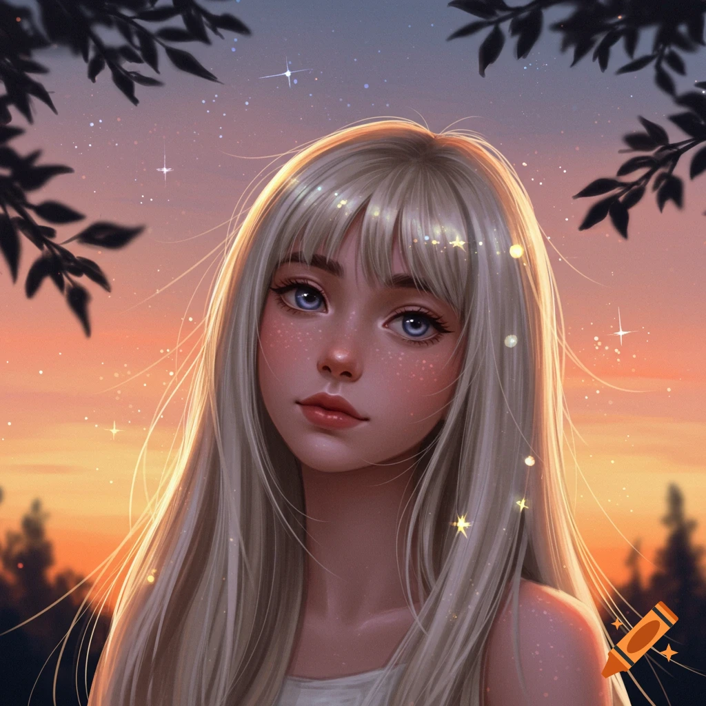 Digital painting of a young woman with long blonde hair and bangs against a sparkling sunset sky.