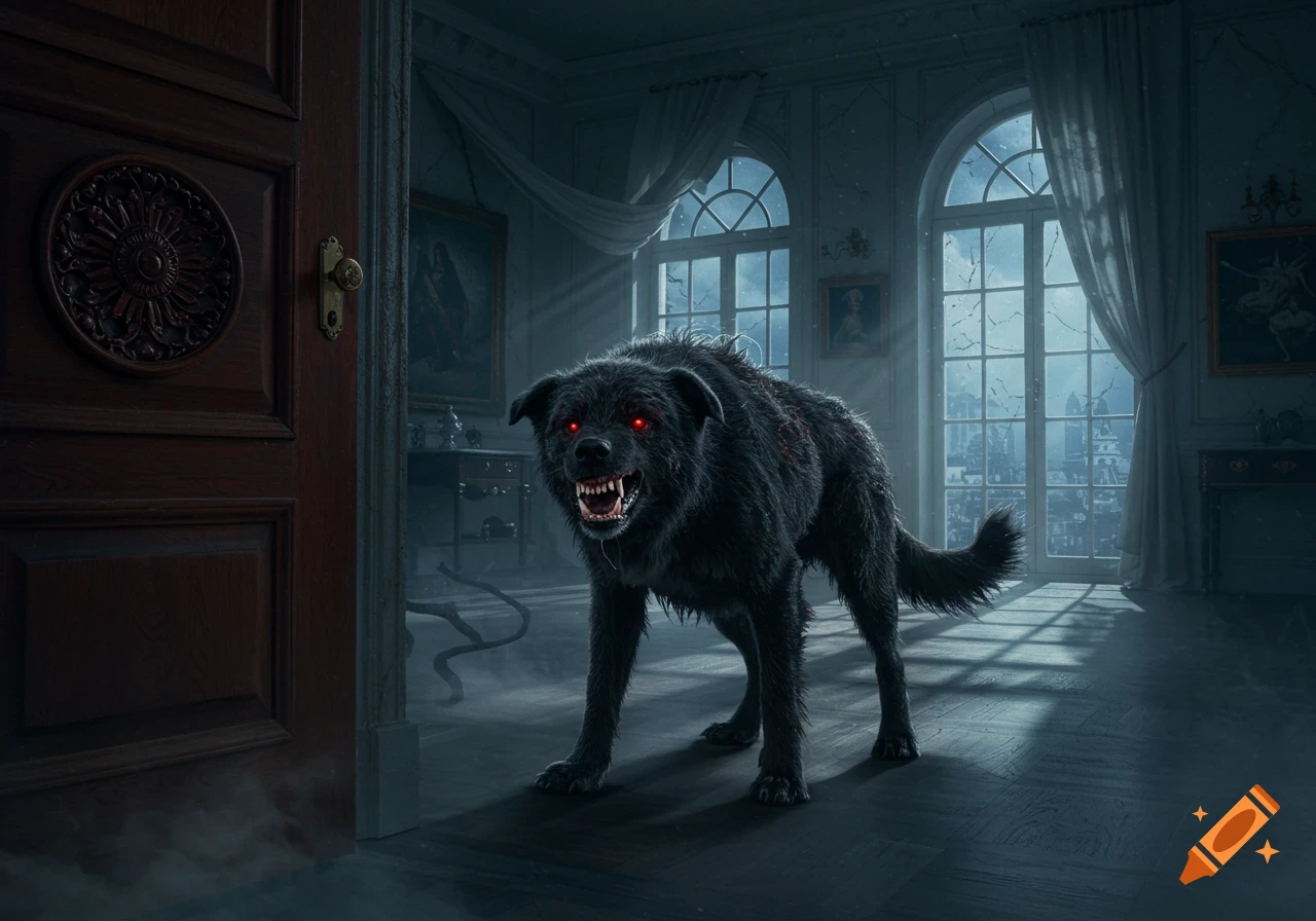 A terrifying, shaggy black dog with glowing red eyes and bared fangs stands snarling in a dark, dusty, ornate room with large arched windows.