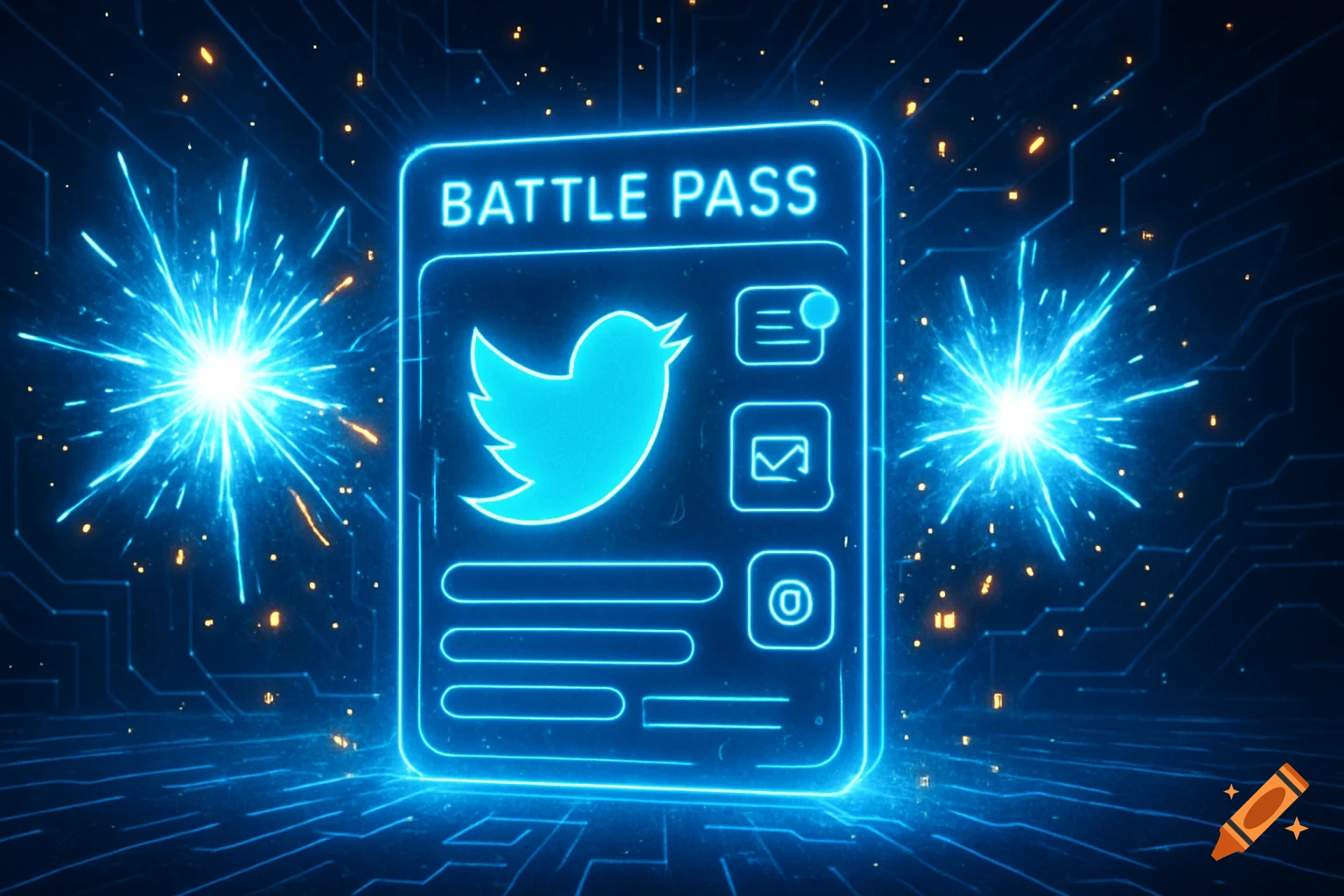 A glowing blue digital card labeled 'BATTLE PASS' featuring the Twitter bird logo, surrounded by bright light bursts on a circuit board background.